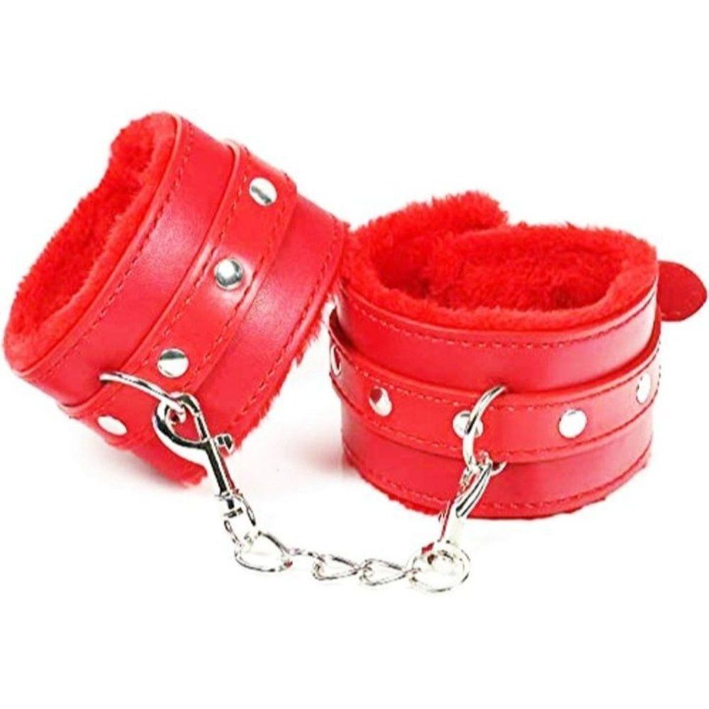 Red Crop Leather Fluffy Handcuffs Leg Cuffs Adjustable Chain Red Handcuffs Fluff